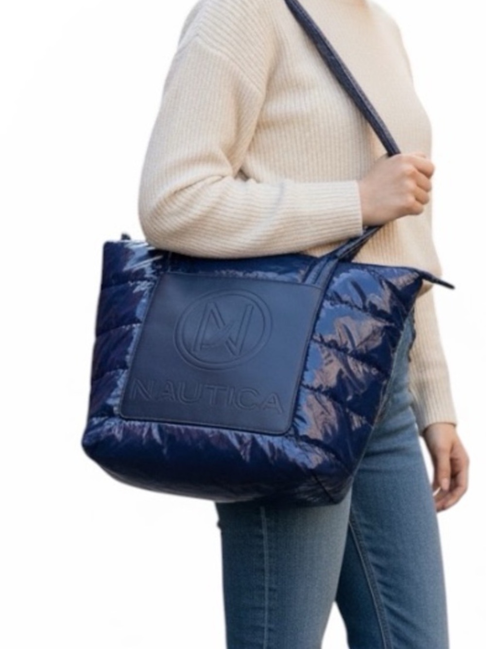 Electric Blue Quilted Puffy Shiny Nylon Logo Embellished Weekend Tote